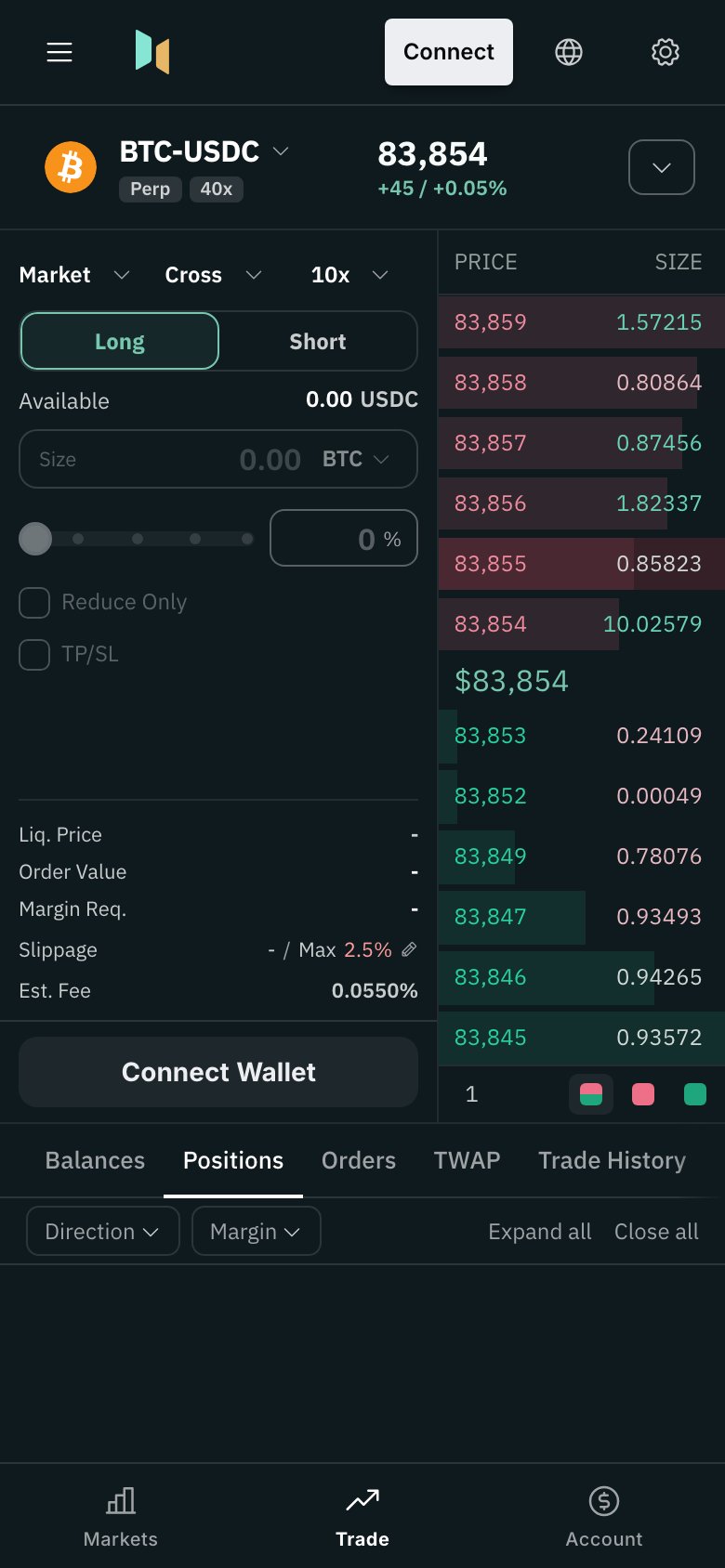 Sairn trading terminal on BTC-USDC with the live order book and order form